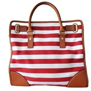 Michael Kors Hamilton Large Leather Canvas Tote Shoulder Bag Red White Striped